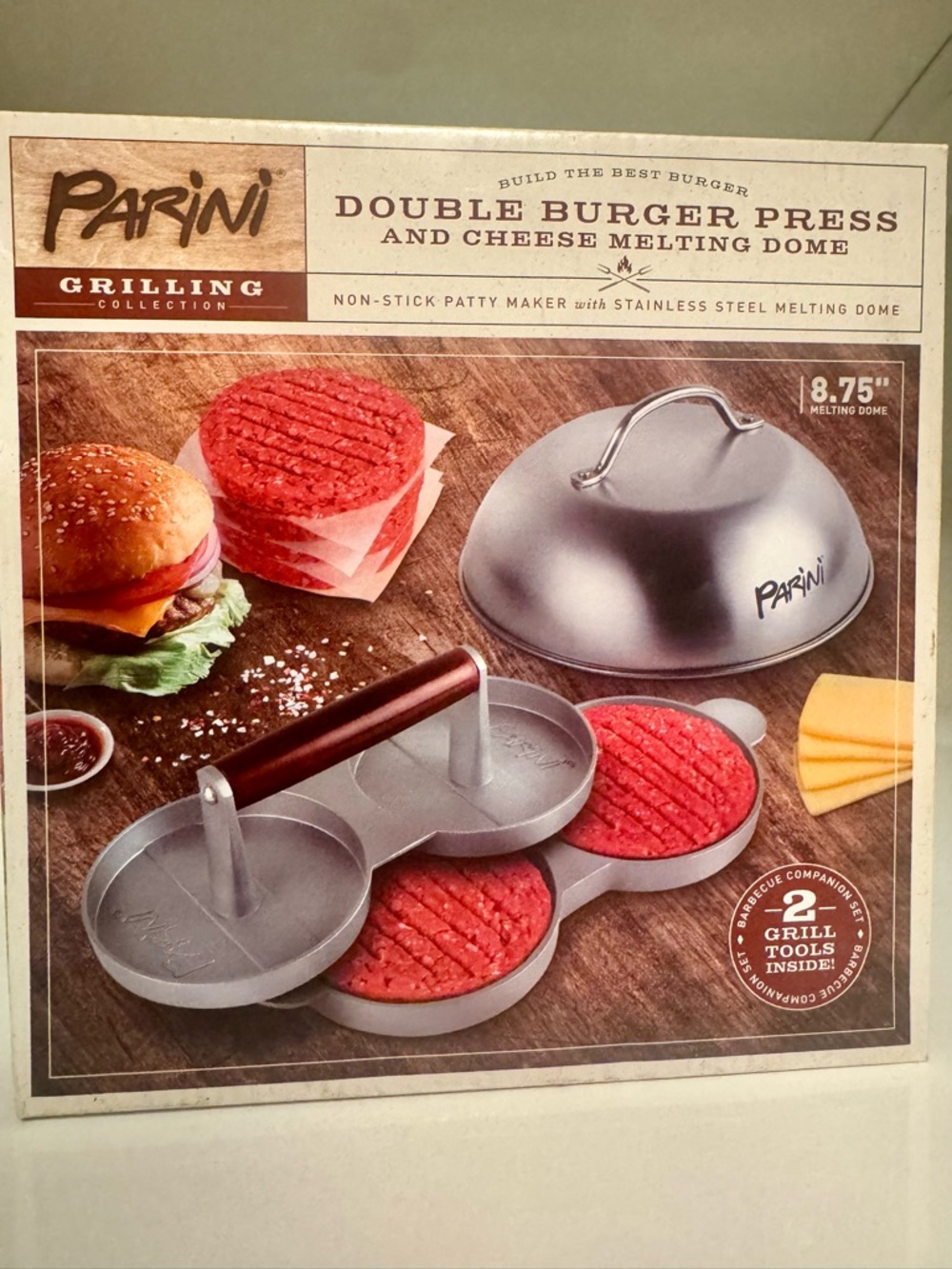 Parini Double Burger Press with Cheese Melting Dome - Silver
